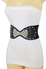 Wide Black Elastic Waistband Fashion Belt Bling Bow Tie Buckle Size S M