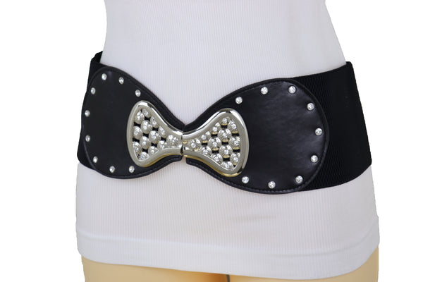 Brand New Women Wide Black Elastic Waistband Fashion Belt Bling Bow Tie Buckle Size S M
