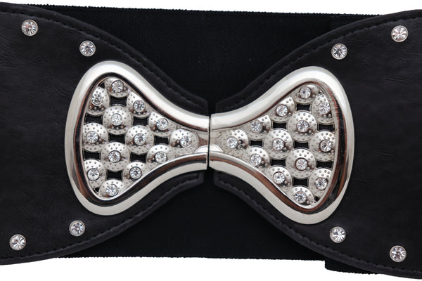 Brand New Women Wide Black Elastic Waistband Fashion Belt Bling Bow Tie Buckle Size S M