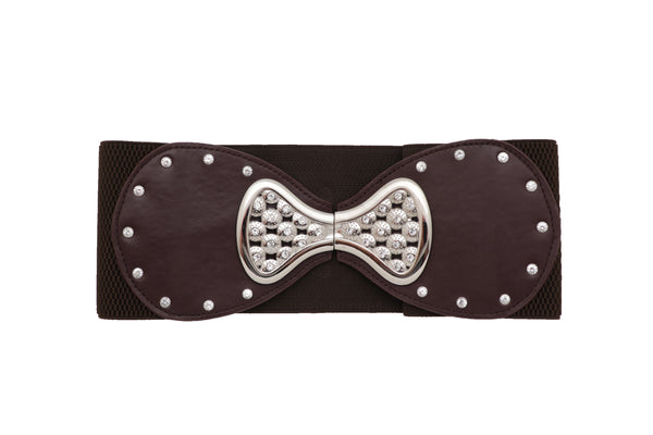 Brand New Women Dark Brown Wide Faux Leather Elastic Band Belt Silver Bow Tie Buckle S M