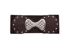 Dark Brown Wide Faux Leather Elastic Band Belt Silver Bow Tie Buckle S M