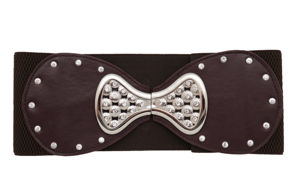Brand New Women Dark Brown Wide Faux Leather Elastic Band Belt Silver Bow Tie Buckle S M