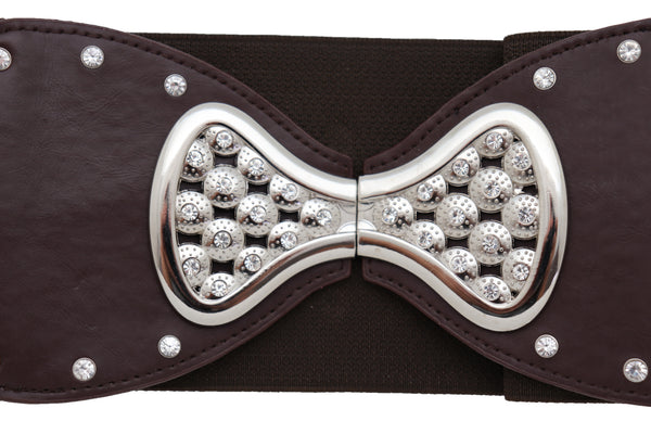 Brand New Women Dark Brown Wide Faux Leather Elastic Band Belt Silver Bow Tie Buckle S M