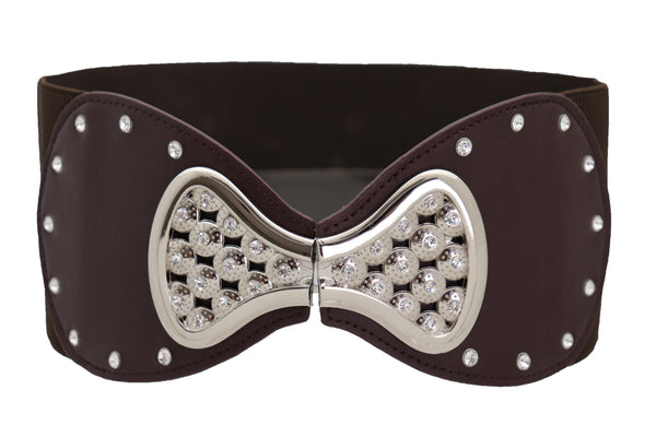 Brand New Women Dark Brown Wide Faux Leather Elastic Band Belt Silver Bow Tie Buckle S M