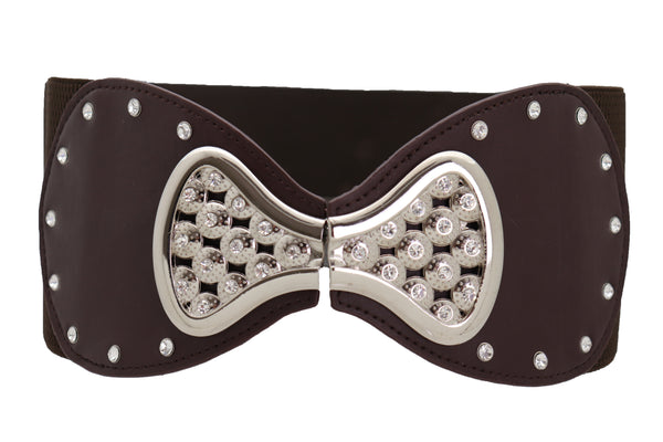 Brand New Women Dark Brown Wide Faux Leather Elastic Band Belt Silver Bow Tie Buckle S M
