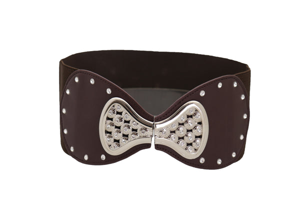 Brand New Women Dark Brown Wide Faux Leather Elastic Band Belt Silver Bow Tie Buckle S M