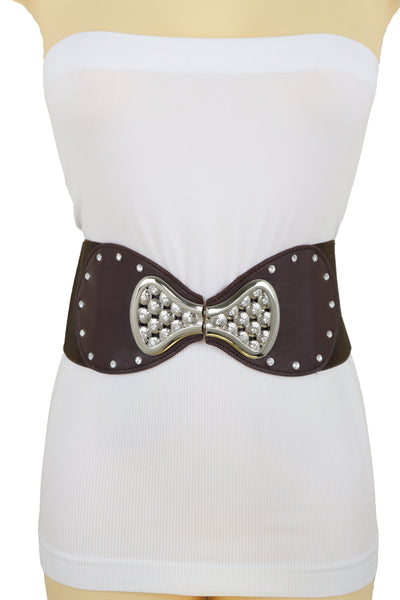 Brand New Women Dark Brown Wide Faux Leather Elastic Band Belt Silver Bow Tie Buckle S M