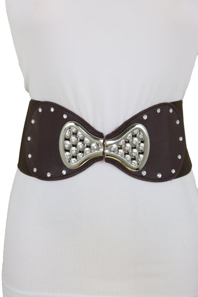 Brand New Women Dark Brown Wide Faux Leather Elastic Band Belt Silver Bow Tie Buckle S M