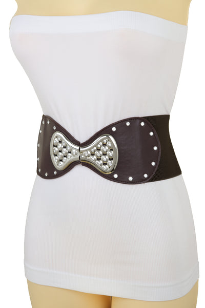Brand New Women Dark Brown Wide Faux Leather Elastic Band Belt Silver Bow Tie Buckle S M