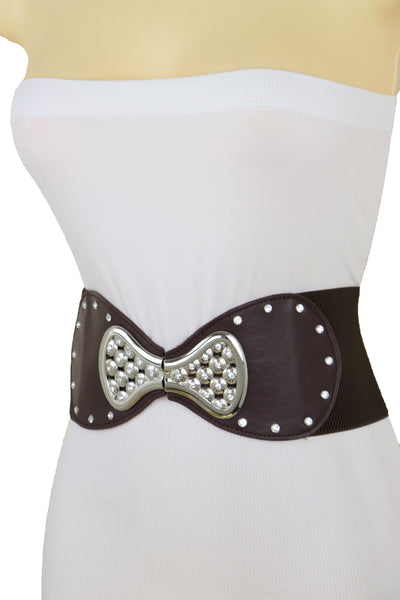 Brand New Women Dark Brown Wide Faux Leather Elastic Band Belt Silver Bow Tie Buckle S M