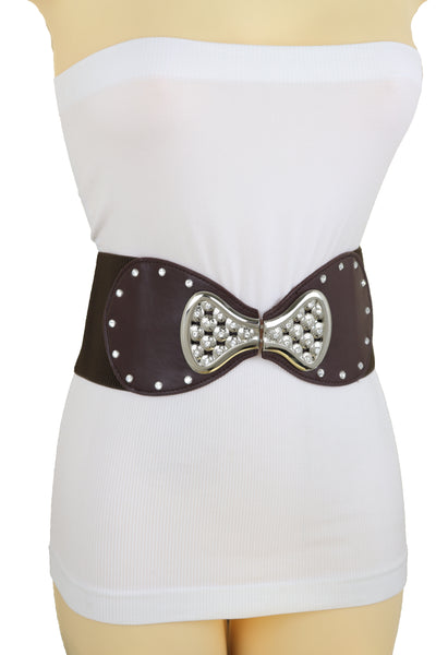 Brand New Women Dark Brown Wide Faux Leather Elastic Band Belt Silver Bow Tie Buckle S M