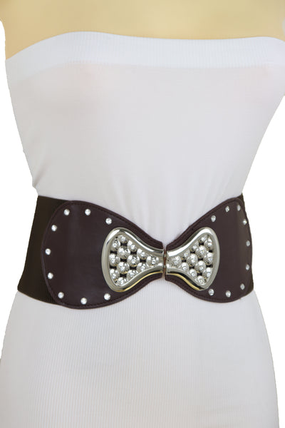 Brand New Women Dark Brown Wide Faux Leather Elastic Band Belt Silver Bow Tie Buckle S M