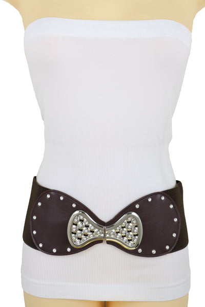 Brand New Women Dark Brown Wide Faux Leather Elastic Band Belt Silver Bow Tie Buckle S M