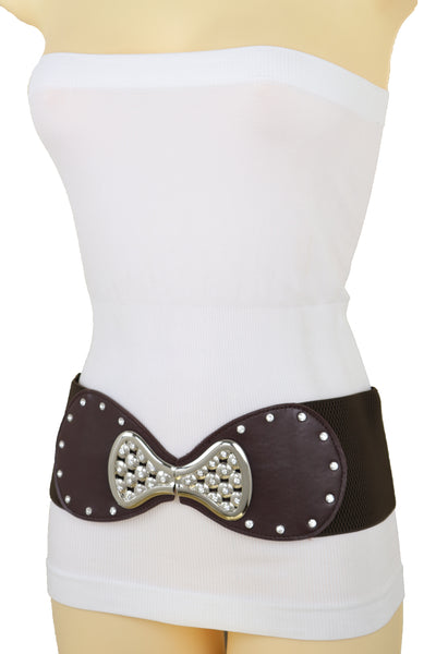 Brand New Women Dark Brown Wide Faux Leather Elastic Band Belt Silver Bow Tie Buckle S M