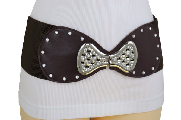 Brand New Women Dark Brown Wide Faux Leather Elastic Band Belt Silver Bow Tie Buckle S M