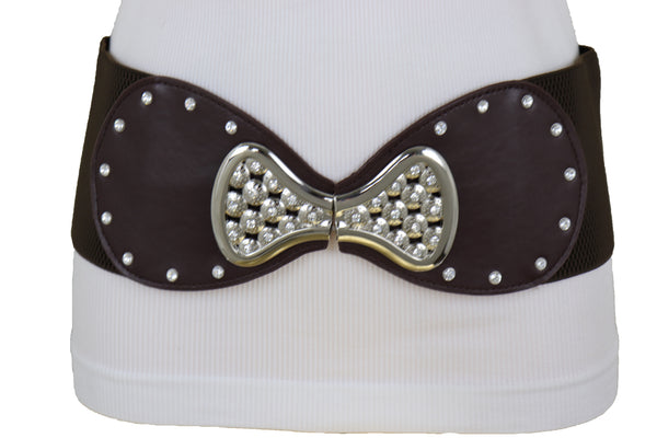 Brand New Women Dark Brown Wide Faux Leather Elastic Band Belt Silver Bow Tie Buckle S M