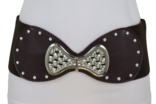 Brand New Women Dark Brown Wide Faux Leather Elastic Band Belt Silver Bow Tie Buckle S M