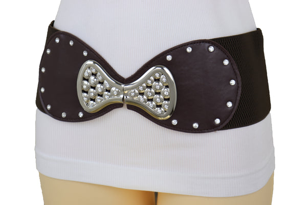 Brand New Women Dark Brown Wide Faux Leather Elastic Band Belt Silver Bow Tie Buckle S M