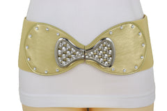 Fashion Belt Hip High Waist Gold Wide Elastic Silver Bow Tie Buckle S M