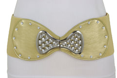 Fashion Belt Hip High Waist Gold Wide Elastic Silver Bow Tie Buckle S M