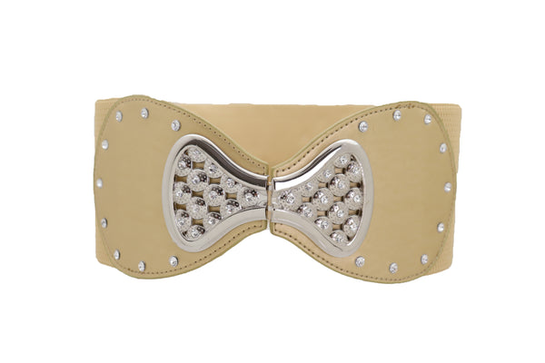 Brand New Women Fashion Belt Hip High Waist Gold Wide Elastic Silver Bow Tie Buckle S M
