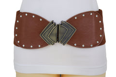 Elastic Wide Brown Faux Leather Corset Waist Hip Belt Fan Buckle Size S M