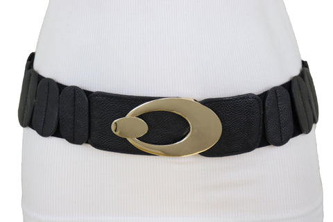Brand New Women Waistband Black Elastic Band Fashion Belt Gold Metal Oval Buckle Size S M
