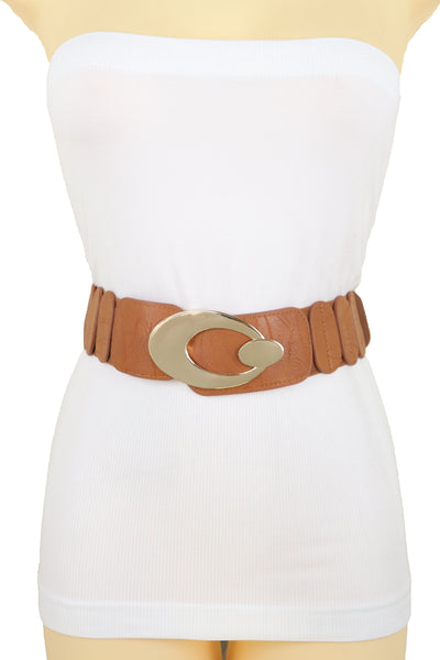 Brand New Women High Waist Hip Stretch Brown Faux Leather Belt Gold Metal Oval Buckle S M