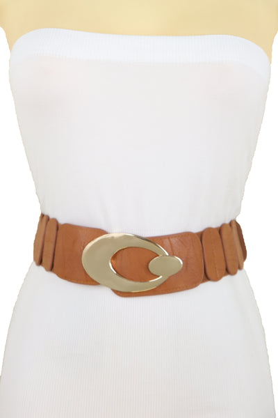 Brand New Women High Waist Hip Stretch Brown Faux Leather Belt Gold Metal Oval Buckle S M