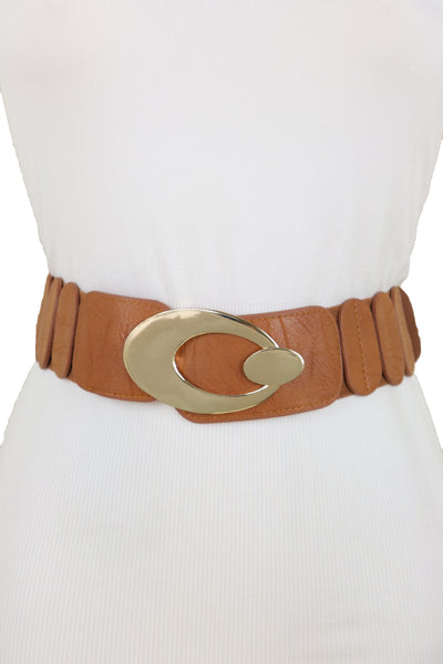 Brand New Women High Waist Hip Stretch Brown Faux Leather Belt Gold Metal Oval Buckle S M