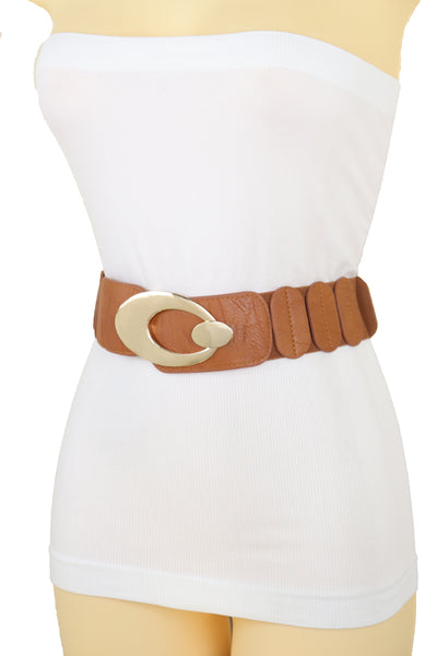 Brand New Women High Waist Hip Stretch Brown Faux Leather Belt Gold Metal Oval Buckle S M