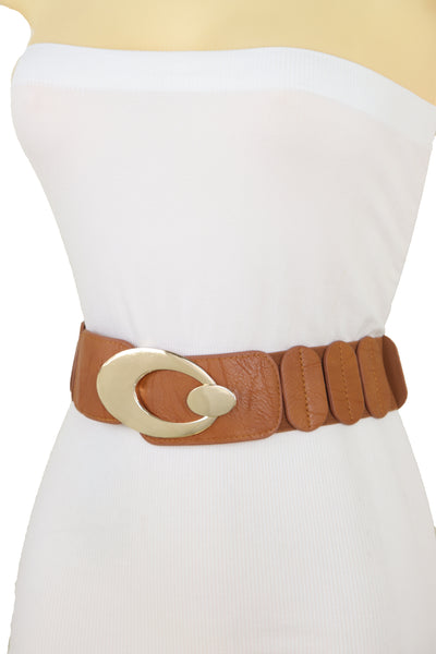 Brand New Women High Waist Hip Stretch Brown Faux Leather Belt Gold Metal Oval Buckle S M