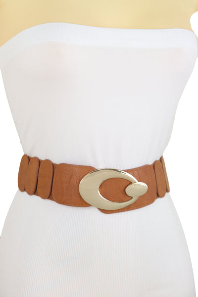 Brand New Women High Waist Hip Stretch Brown Faux Leather Belt Gold Metal Oval Buckle S M