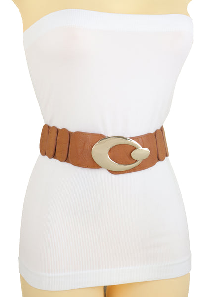 Brand New Women High Waist Hip Stretch Brown Faux Leather Belt Gold Metal Oval Buckle S M