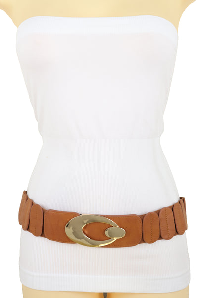 Brand New Women High Waist Hip Stretch Brown Faux Leather Belt Gold Metal Oval Buckle S M