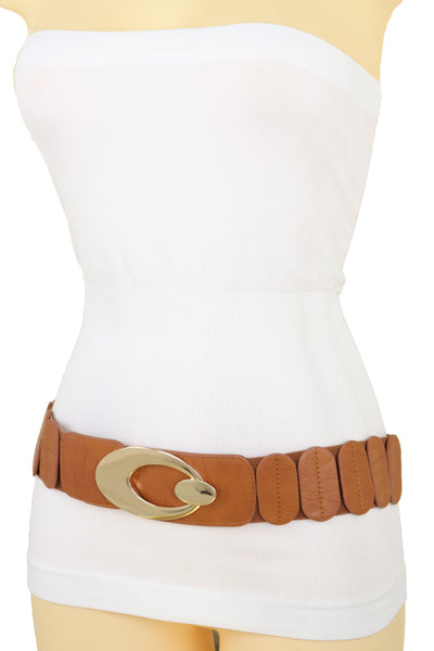 Brand New Women High Waist Hip Stretch Brown Faux Leather Belt Gold Metal Oval Buckle S M