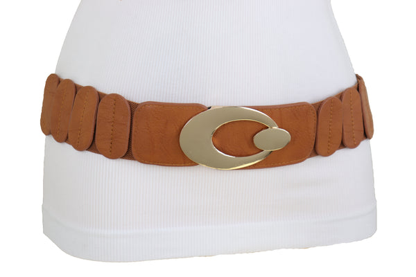 Brand New Women High Waist Hip Stretch Brown Faux Leather Belt Gold Metal Oval Buckle S M