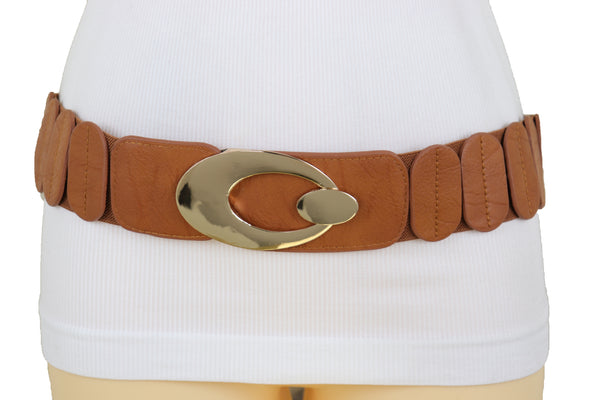 Brand New Women High Waist Hip Stretch Brown Faux Leather Belt Gold Metal Oval Buckle S M