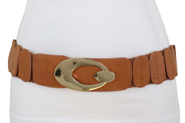 Brand New Women High Waist Hip Stretch Brown Faux Leather Belt Gold Metal Oval Buckle S M