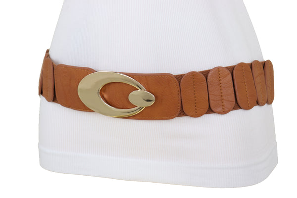 Brand New Women High Waist Hip Stretch Brown Faux Leather Belt Gold Metal Oval Buckle S M