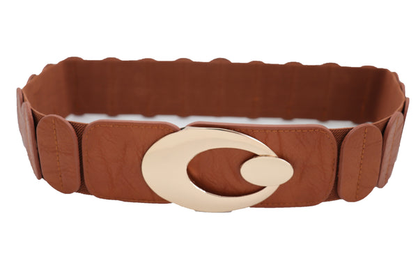Brand New Women High Waist Hip Stretch Brown Faux Leather Belt Gold Metal Oval Buckle S M