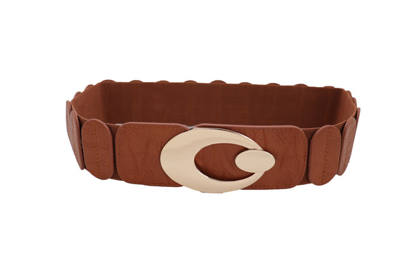 Brand New Women High Waist Hip Stretch Brown Faux Leather Belt Gold Metal Oval Buckle S M