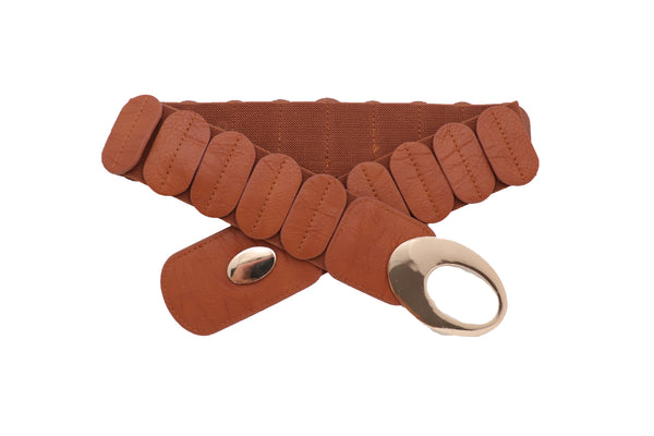 Brand New Women High Waist Hip Stretch Brown Faux Leather Belt Gold Metal Oval Buckle S M
