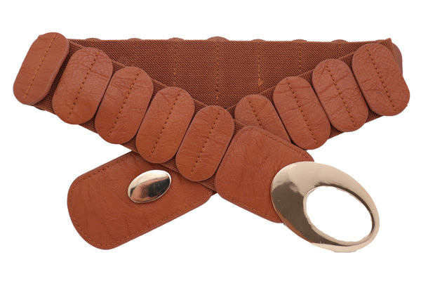 Brand New Women High Waist Hip Stretch Brown Faux Leather Belt Gold Metal Oval Buckle S M