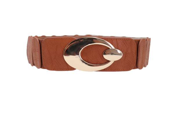 Brand New Women High Waist Hip Stretch Brown Faux Leather Belt Gold Metal Oval Buckle S M