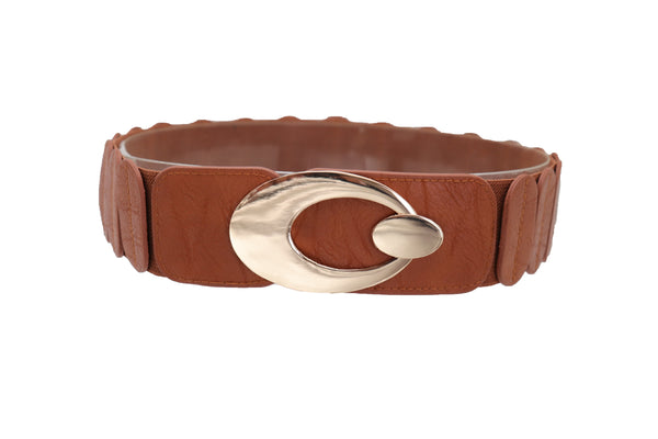 Brand New Women High Waist Hip Stretch Brown Faux Leather Belt Gold Metal Oval Buckle S M