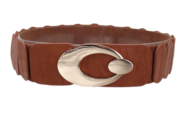 Brand New Women High Waist Hip Stretch Brown Faux Leather Belt Gold Metal Oval Buckle S M