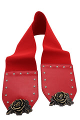 Elastic Red Fashion Belt Hip High Waist Gold Rose Metal Buckle Size S M