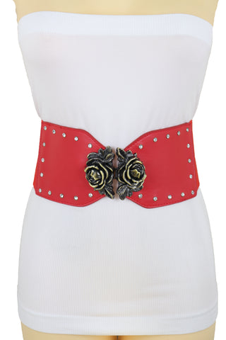 Brand New Women Elastic Red Fashion Belt Hip High Waist Gold Rose Metal Buckle Size S M