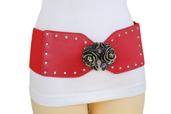 Brand New Women Elastic Red Fashion Belt Hip High Waist Gold Rose Metal Buckle Size S M